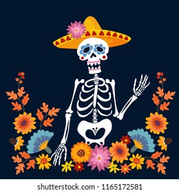 Dia de Los Muertos greeting card, invitation. Mexican Day of the Dead. Skeleton with sombrero hat and floral frame. Ornamental skull. Hand drawn vector illustration, background.