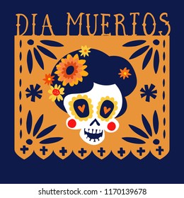 Dia de los Muertos greeting card, invitation. Mexican Day of the Dead. Handmade paper cut party flag with ornametal scull, calavera catrina and flowers. Hand drawn vector illustration, background.