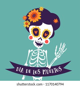 Dia de Los Muertos greeting card, invitation. Mexican Day of the Dead.  Skeleton woman with  flowers and ribbon banner. Ornamental skull. Hand drawn vector illustration, background.