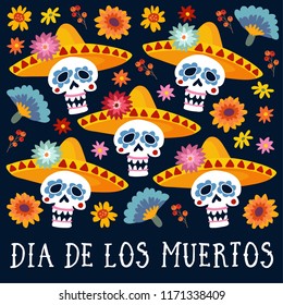 Dia de los Muertos greeting card, invitation. Mexican Day of the Dead. Decorative  skulls with sombrero hat, mums, marigold flowers and berries. Hand drawn vector background. Halloween pattern.