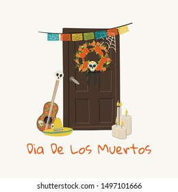Dia De Los Muertos greeting card hand drawn cartoon style template with home entrance guitar, sombrero, holiday garland and wreath decoration. Stock vector