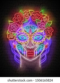 Dia de Los Muertos Greeting Card Template with Catrina Calavera. Day of the Dead Postcard. Shiny Neon Poster, Flyer, Banner, Postcard, Invitation. Brick Wall. Vector 3d Illustration. Clipping Mask