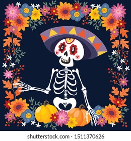 Dia de Los Muertos greeting card, invitation. Mexican Day of the Dead. Ornamental skull, skeleton with sombrero hat, pumpkins and flowers. Hand drawn vector illustration, background. Floral frame.