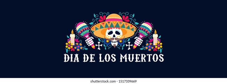 Dia de los muertos greeting card festive design vector illustration. Mexican day of dead banner with skull in sombrero and maracas with floral composition flat style concept