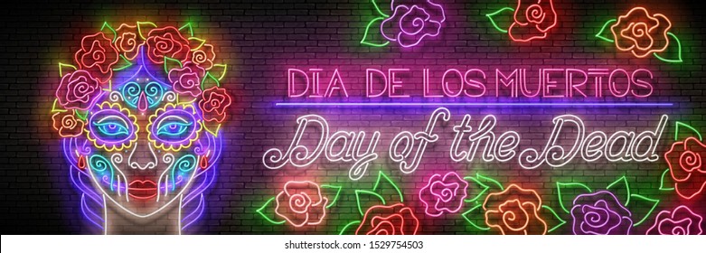 Dia de Los Muertos Greeting Card Template with Catrina Calavera. Day of the Dead Holiday. Shiny Neon Poster, Flyer, Banner, Postcard, Invitation. Brick Wall. Vector 3d Illustration. Clipping Mask