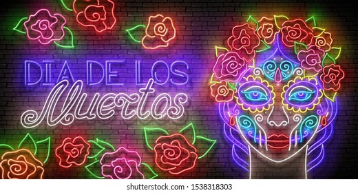 Dia de Los Muertos Greeting Card Template with Catrina Calavera. Day of the Dead Holiday. Shiny Neon Poster, Flyer, Banner, Postcard, Invitation. Brick Wall. Vector 3d Illustration. Clipping Mask