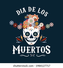 Tarjeta de saludo del Día de los Muertos con cráneo sonriente en sombrero y flores. Día de la plantilla de diseño muerta en estilo plano. Ilustración vectorial. Antecedentes de las fiestas mexicanas, pancarta, afiche, invitación, etc