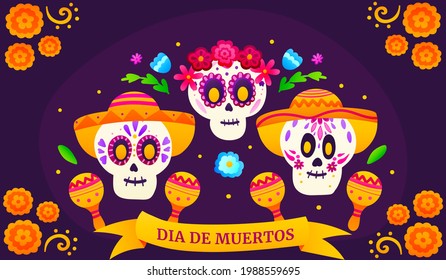 Dia de los muertos Grußbanner mit bunten Zuckerschädeln und Blumen, mexikanischer Tag der Toten mit süßen Skeletten