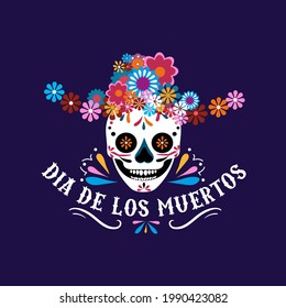 Tarjeta de saludo de Dia de los Muertos con cráneo sonriente y flores mexicanas. Día de la plantilla de diseño muerta en estilo plano. Ilustración vectorial. Antecedentes de las fiestas mexicanas, pancarta, afiche, invitación, etc