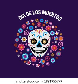 Dia de los Muertos greeting card with smiling skull and mexican flowers. Day of the dead design template in flat style. Vector illustration. Mexican holiday background, banner, poster, invitation etc