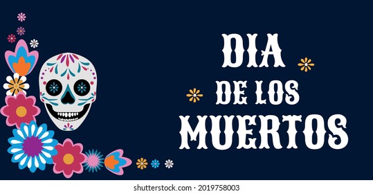 Dia de los Muertos greeting card with smiling skull and mexican flowers. Day of the dead design template in flat style. Vector illustration. Mexican holiday background, banner, poster, invitation etc