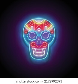 Dia de Los Muertos Greeting Card Template with Sugar Male Skull, Calavera. Day of the Dead Postcard. Shiny Neon Poster, Flyer, Banner, Postcard, Invitation. Glossy Background. Vector 3d Illustration