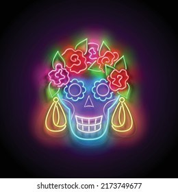 Dia de Los Muertos Greeting Card Template with Sugar Skull, Catrina Calavera. Day of the Dead Postcard. Shiny Neon Poster, Flyer, Banner, Postcard. Glossy Background. Vector 3d Illustration