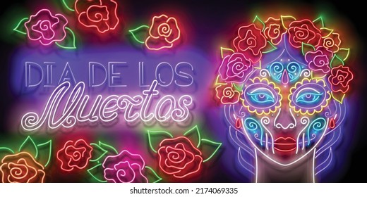 Dia de Los Muertos Greeting Card Template with Catrina Calavera. Day of the Dead Holiday. Shiny Neon Poster, Flyer, Banner, Postcard, Invitation. Glossy Background. Vector 3d Illustration