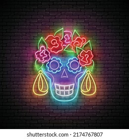 Plantilla de tarjeta de felicitación de Dia de Los Muertos con cráneo de azúcar, Catrina Calavera. La tarjeta postal del día de los muertos. Afiche, Volante, Cartel, Postales, Invitación. Muro de ladrillo. Ilustración del vector 3d