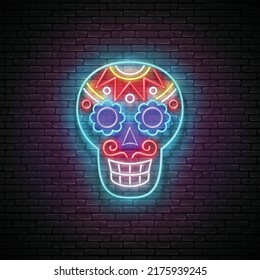 Dia de Los Muertos Greeting Card Template with Sugar Male Skull, Calavera. Day of the Dead Postcard. Shiny Neon Poster, Flyer, Banner, Postcard, Invitation. Brick Wall. Vector 3d Illustration