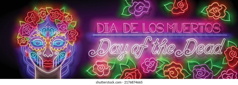 Dia de Los Muertos Grußkartenvorlage mit Catrina Calavera. Tag des Toten Feiertags. Shiny Neon Poster, Flyer, Banner, Postkarte, Einladung. glänzender Hintergrund. Vektorgrafik 3D