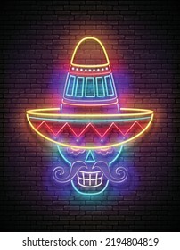 Dia de Los Muertos Greeting Card Template with Sugar Male Skull in sombrero, Calavera. Day of the Dead. Shiny Neon Poster, Flyer, Banner, Postcard, Invitation. Brick Wall. Vector 3d Illustration 