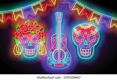 Dia de Los Muertos Greeting Card Template with Sugar Male Skull, Calavera. Day of the Dead Postcard. Shiny Neon Poster, Flyer, Banner, Postcard, Invitation. Glossy Background. Vector 3d Illustration