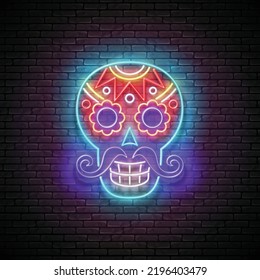 Dia de Los Muertos Greeting Card Template with Sugar Male Skull, Calavera. Day of the Dead Postcard. Shiny Neon Poster, Flyer, Banner, Postcard, Invitation. Brick Wall. Vector 3d Illustration