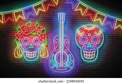 Dia de Los Muertos Greeting Card Template with Sugar Male Skull, Calavera. Day of the Dead Postcard. Shiny Neon Poster, Flyer, Banner, Postcard, Invitation. Brick Wall. Vector 3d Illustration