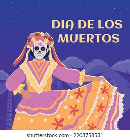 Dia De Los Muertos greeting card template. Editable social media post design. Celebrating day of the dead. Flat vector color illustration for poster, web banner, ecard. Aclonica Regular font used