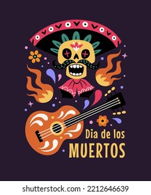 Dia de Los Muertos greeting card. Vector flat cartoon illustration with sugar festive skull in a sombrero with a guitar, surrounded by flowers, fire, and abstract shapes. Isolated on black background