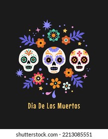 Dia De Los Muertos greeting card. Vector illustration in flat cartoon style of Mexican traditional festive sugar skulls and flowers. Isolated on black background