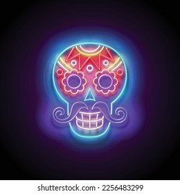 Dia de Los Muertos Greeting Card Template with Sugar Male Skull, Calavera. Day of the Dead Postcard. Shiny Neon Poster, Flyer, Banner, Postcard, Invitation. Glossy Background. Vector 3d Illustration