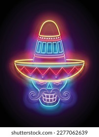 Dia de Los Muertos Greeting Card Template with Sugar Male Skull in sombrero, Calavera. Day of the Dead Postcard. Shiny Neon Poster, Flyer, Banner, Postcard. Glossy Background. Vector 3d Illustration 