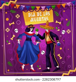 Dia de los muertos, greeting card or banner. Vector illustration. Traditional mexican holiday, memorial day of the dead family members. Skeleton characters dance on the festival.