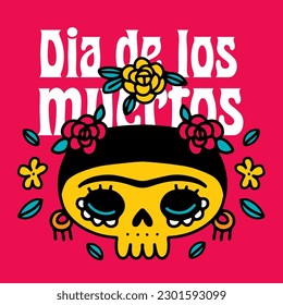 Dia de los Muertos greeting card concept. Vector doodle color illustration with Catrina sugar festive skull with rose flowers isolated on magenta background.