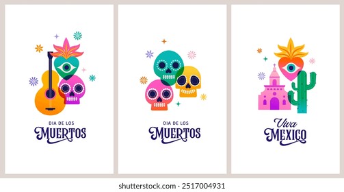 Dia De Los Muertos cartões de saudação e histórias de mídia social, Dia dos mortos, feriado mexicano. Design de vetor de banner vertical