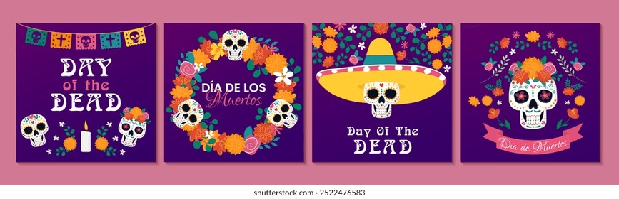 Dia de los Muertos greeting cards with colorful skulls and marigolds encapsulating rich traditions and joyful spirit of Mexican holiday. Vector illustrations for postcard, posters and social media.