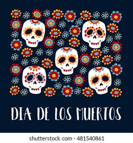 Dia de Los Muertos greeting card, invitation. Mexican Day of the Dead. Ornamental sugar skulls, flowers. Hand drawn vector illustration, background.