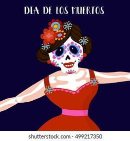 Dia de Los Muertos greeting card, invitation. Mexican Day of the Dead.  Woman with  flowers dressed as skeleton. Ornamental skull. Hand drawn vector illustration, background.