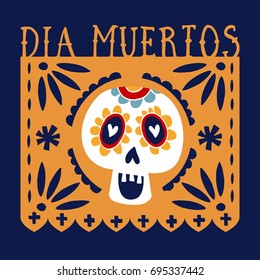 Dia de los Muertos greeting card, invitation. Mexican Day of the Dead. Handmade paper cut party flag with ornametal scull, calavera catrina. Hand drawn vector illustration, background, web banner.