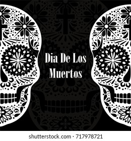 Dia de los Muertos greeting card, invitation. Mexican Day of the Dead. Handmade paper cut party flag with ornametal scull, calavera catrina. Openwork Santa Muerte