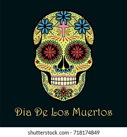 Dia de los Muertos greeting card, invitation. Mexican Day of the Dead. Handmade paper cut party flag with ornametal scull, calavera catrina. Openwork Santa Muerte