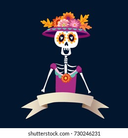 Dia de Los Muertos greeting card, invitation. Mexican Day of the Dead. Skeleton woman with flowers. Ornamental skull. Hand drawn vector illustration, background.
