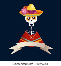 Dia de Los Muertos greeting card, invitation. Mexican Day of the Dead. Skeleton in poncho and with sombrero hat. Ornamental skull. Hand drawn vector illustration, background.