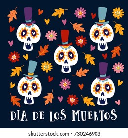 Dia de Los Muertos greeting card, invitation. Mexican Day of the Dead. Ornamental sugar skulls with hat and autumn leaves and flowers. Hand drawn vector illustration, background.