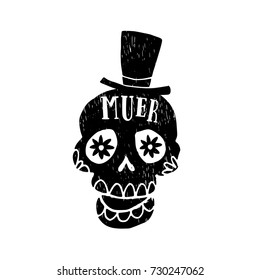 Dia de Los Muertos greeting card, invitation. Mexican Day of the Dead. Grunge black orrnamental skull with hat. Hand drawn isolated vector illustration on white background.