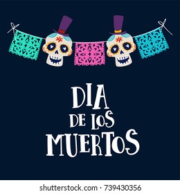 Dia de los Muertos greeting card, invitation. Mexican Day of the Dead. String decoration with party flags and ornametal sugar sculls. Hand drawn vector illustration, background.