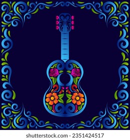 Dia de Los Muertos guitar. Day of Dead mexican guitar with floral ornaments