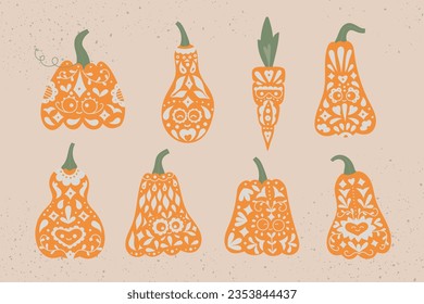 Dia de los Muertos, halloween carving cute pumpkins. Vector illustration For party invite, card, poster.