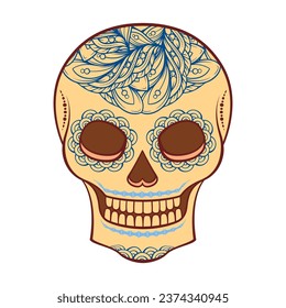 Dia de los Muertos or Halloween sugar scull colorful vector illustration. Mexican Day of the Dead fancy calavera catrina on a white background