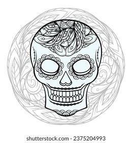 Dia de los Muertos or Halloween sugar scull vector illustration. Mexican Day of the Dead fancy calavera catrina antistress coloring page