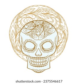 Dia de los Muertos or Halloween sugar scull vector illustration. Mexican Day of the Dead fancy calavera catrina doodle on a white background