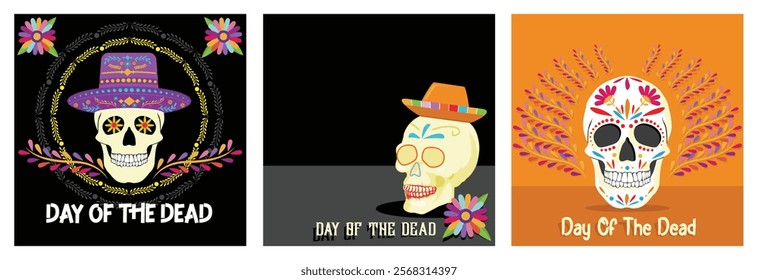 Dia De Los Muertos Halloween Celebration. Human skull head with sombrero hat and flowers. Painted human skull. Day of the Dead concept. Set flat vector illustration.